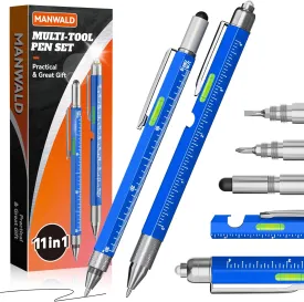 11-in-1 Multitool Pen Set with LED Light, Flathead & Phillips Screwdrivers, Level, Ruler, Bottle Opener, Stylus, Gifts for Him Men Husband, Boyfriends, Fathers Day Dad Gifts for Men, Husband, Blue