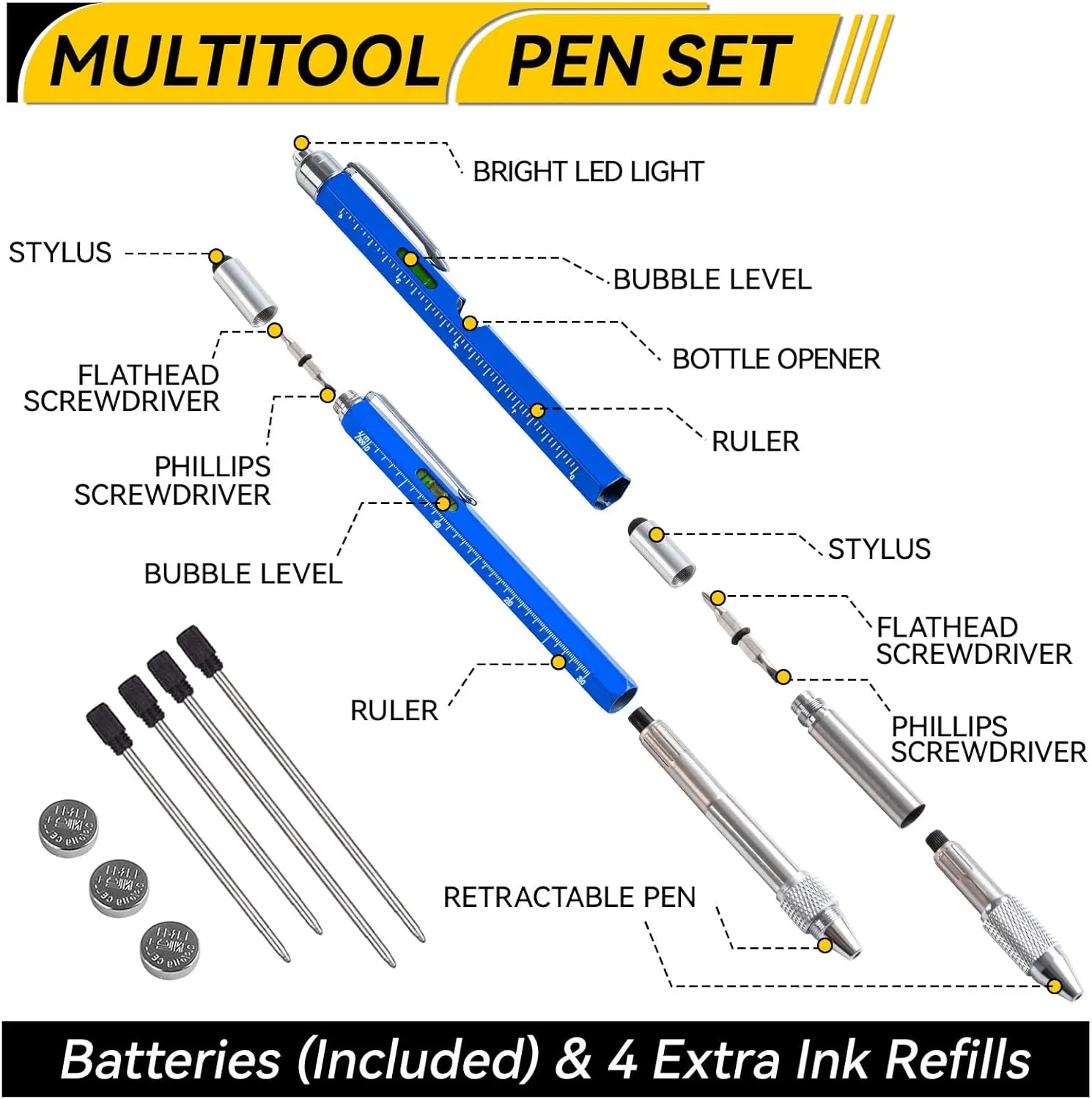 11-in-1 Multitool Pen Set with LED Light, Flathead & Phillips Screwdrivers, Level, Ruler, Bottle Opener, Stylus, Gifts for Him Men Husband, Boyfriends, Fathers Day Dad Gifts for Men, Husband, Blue