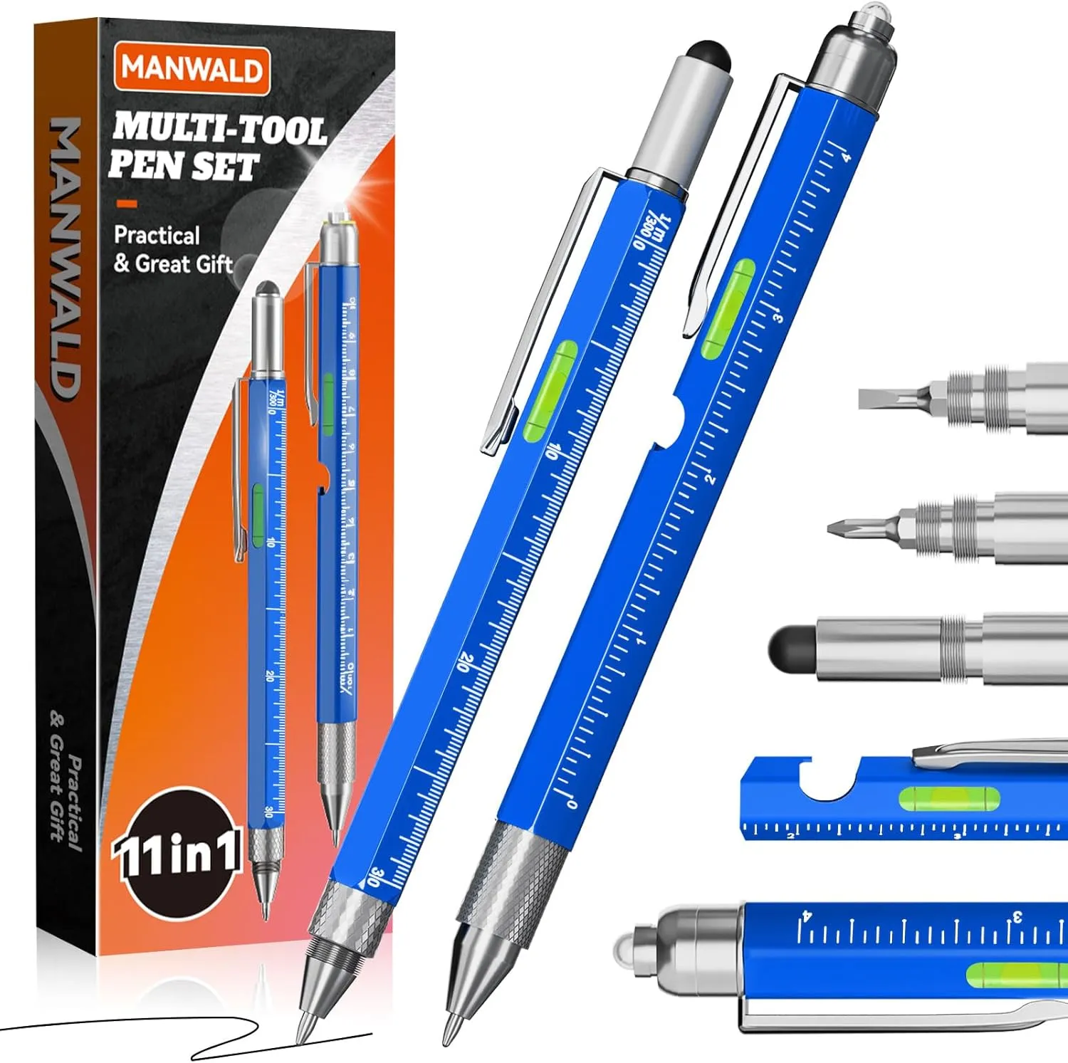 11-in-1 Multitool Pen Set with LED Light, Flathead & Phillips Screwdrivers, Level, Ruler, Bottle Opener, Stylus, Gifts for Him Men Husband, Boyfriends, Fathers Day Dad Gifts for Men, Husband, Blue