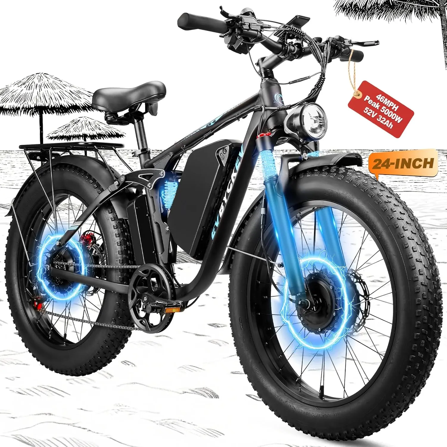 4000W Peak 5000W Dual Motor Ebike, 46MPH-Fast Electric Bikes for Adults, 52V 32Ah Battery Up to 100 Miles,Full Suspension E-Bike, 24" Fat Tire Electric Bicycle for Off-Road Mountain E-Bike