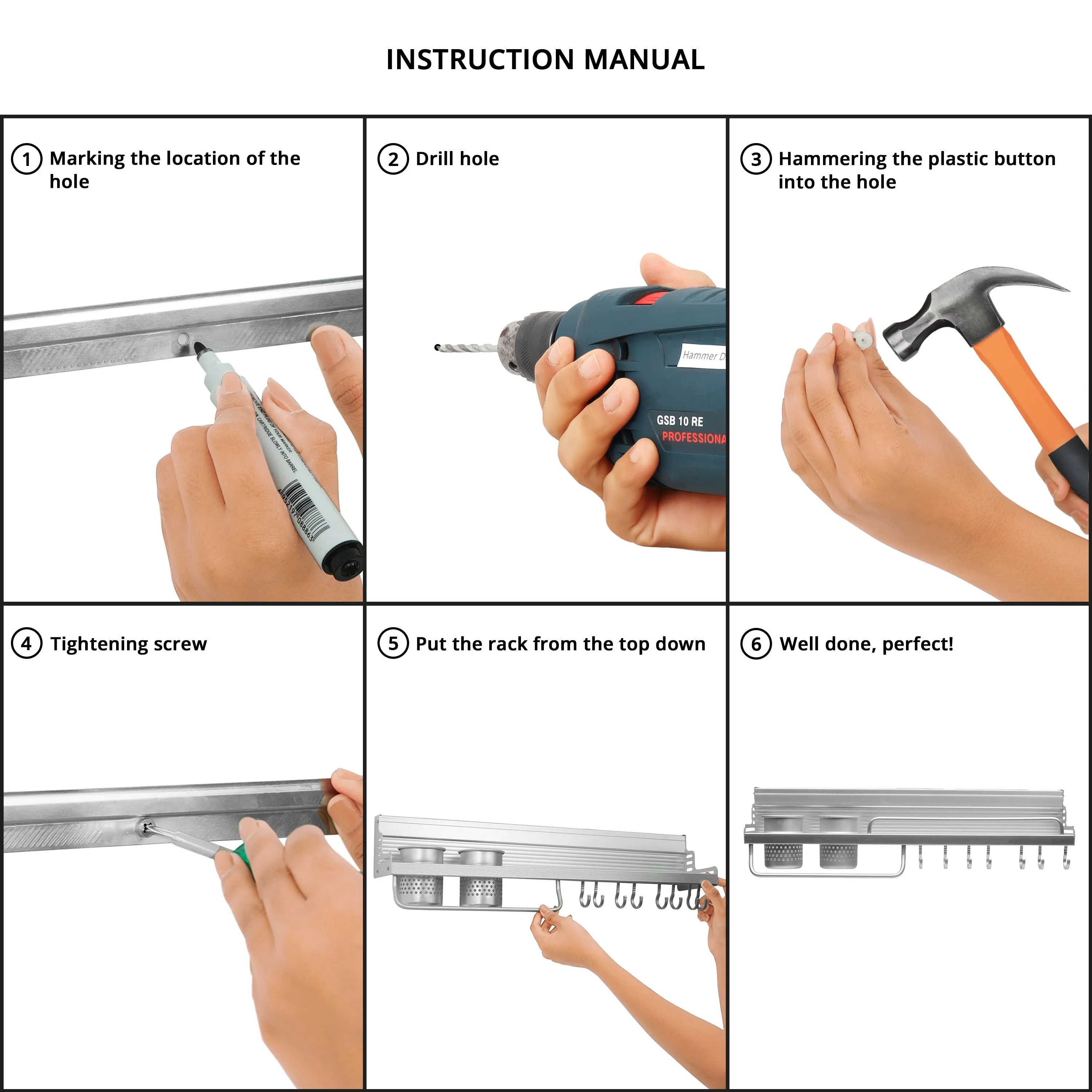 ABOUT SPACE Multifunctional Wall Mount Aluminium Hanging Utensil Display Rack - 58 x 12.5 x 10 cm