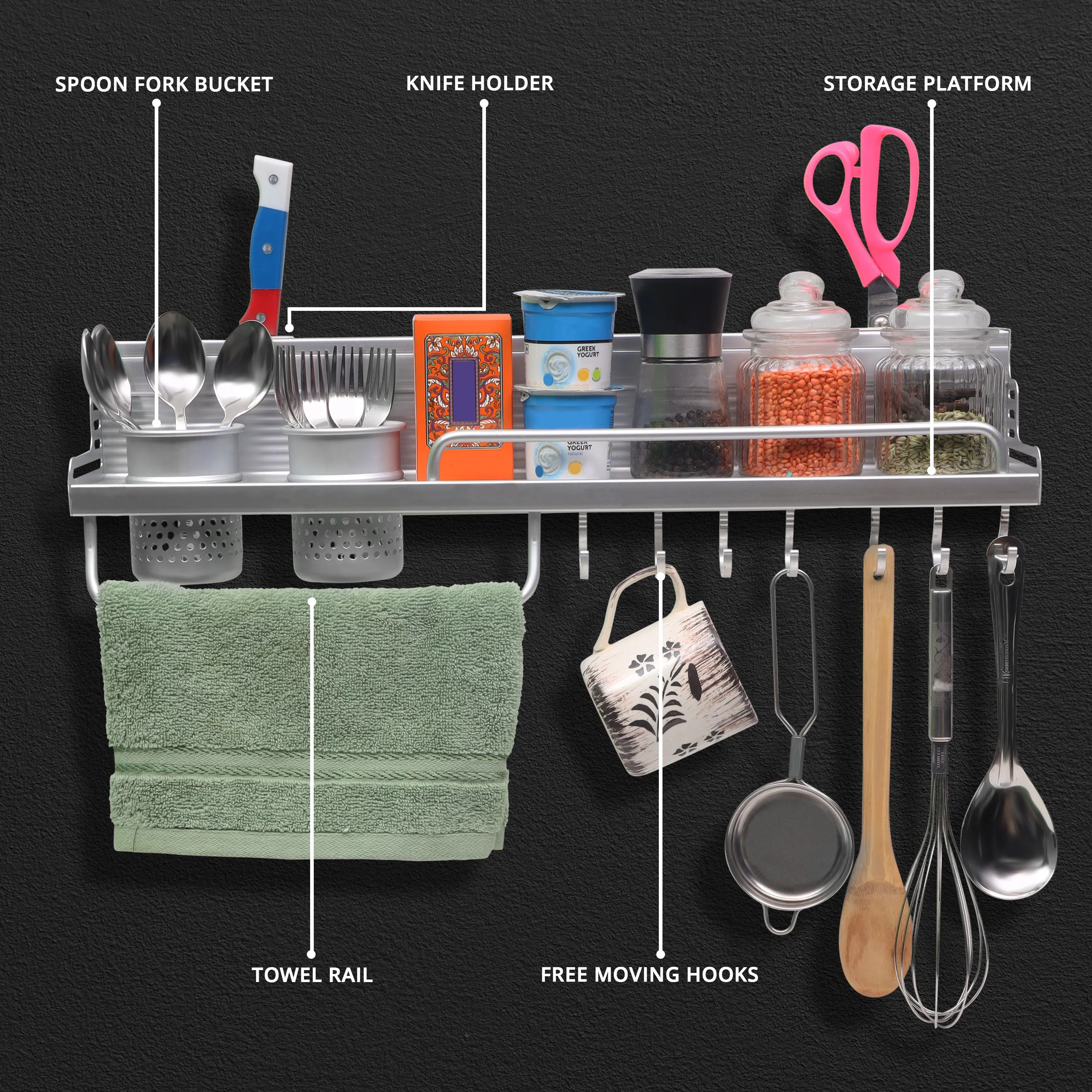 ABOUT SPACE Multifunctional Wall Mount Aluminium Hanging Utensil Display Rack - 58 x 12.5 x 10 cm