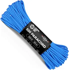 Atwood Rope MFG 550 Paracord 100 Feet 7-Strand Core Nylon Parachute Cord Outside Survival Gear Made in USA | Lanyards, Bracelets, Handle Wraps, Keychain (Blue)