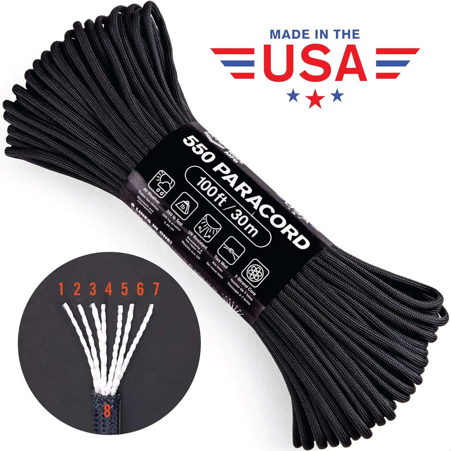 Atwood Rope MFG 550 Paracord 100 Feet 7-Strand Core Nylon Parachute Cord Outside Survival Gear Made in USA | Lanyards, Bracelets, Handle Wraps, Keychain (Blue)