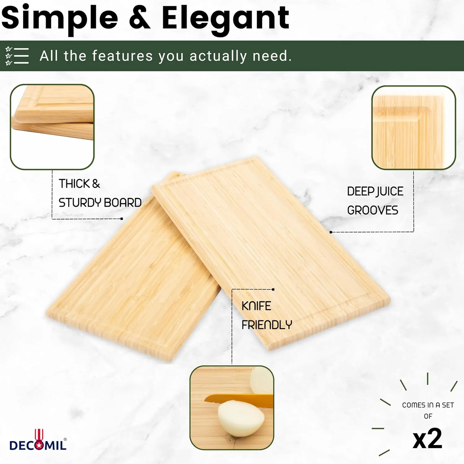 Bamboo Wood Cutting Board Set of 2 - 15.25 x 8.25 Inch Versatile Chopping and Serving Boards