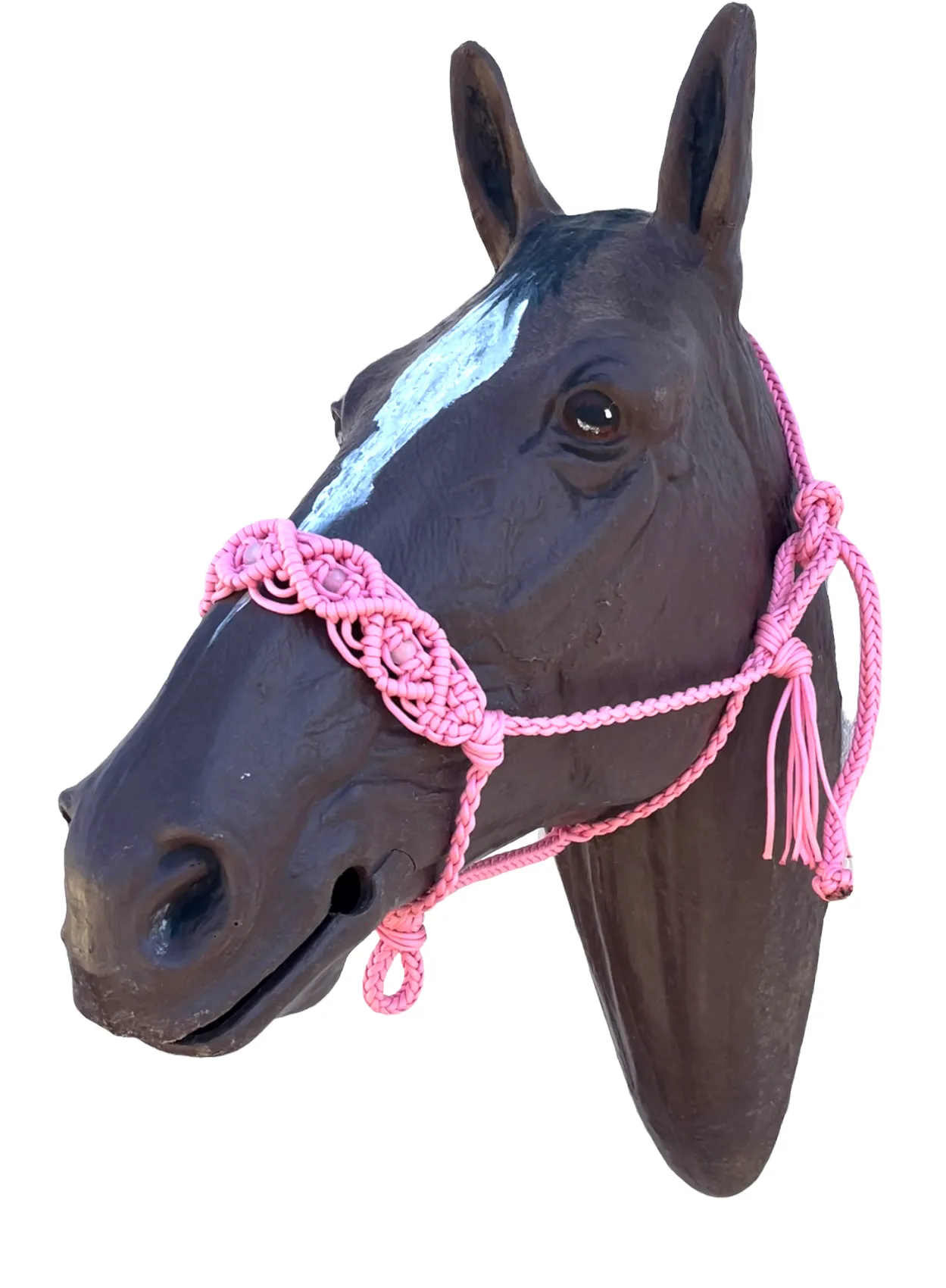 Braided horse halter with rose quartz beads