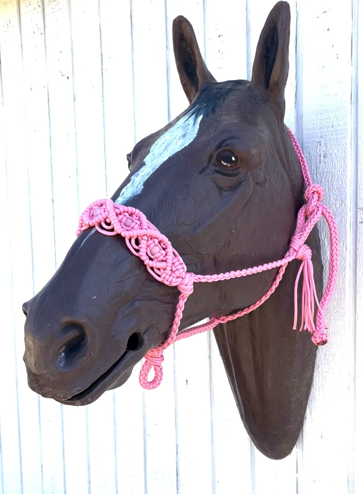 Braided horse halter with rose quartz beads