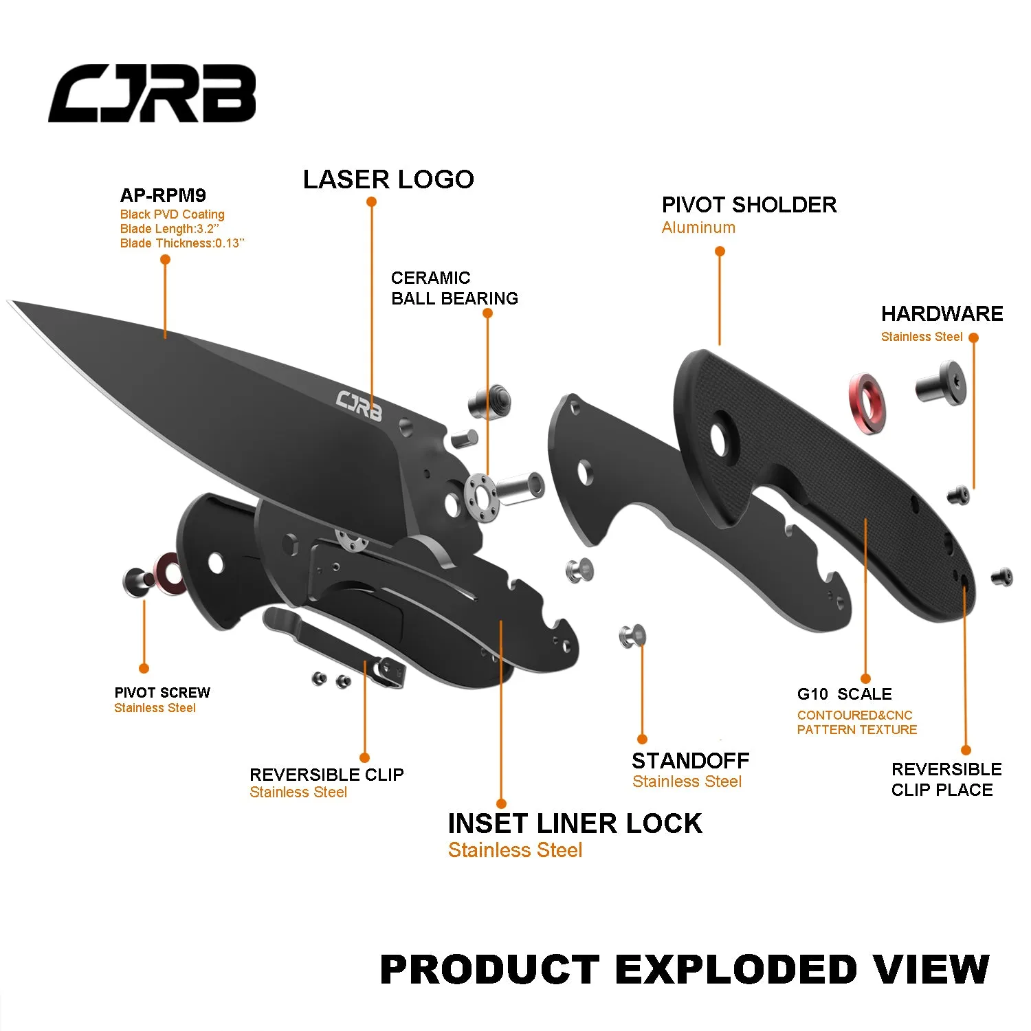 CJRB Feldspar J1912 AR-RPM9 Steel Black PVD Coated Blade G10 Handle Folding Knives