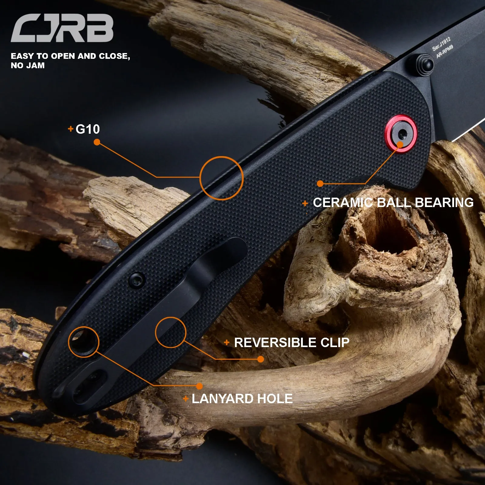 CJRB Feldspar J1912 AR-RPM9 Steel Black PVD Coated Blade G10 Handle Folding Knives