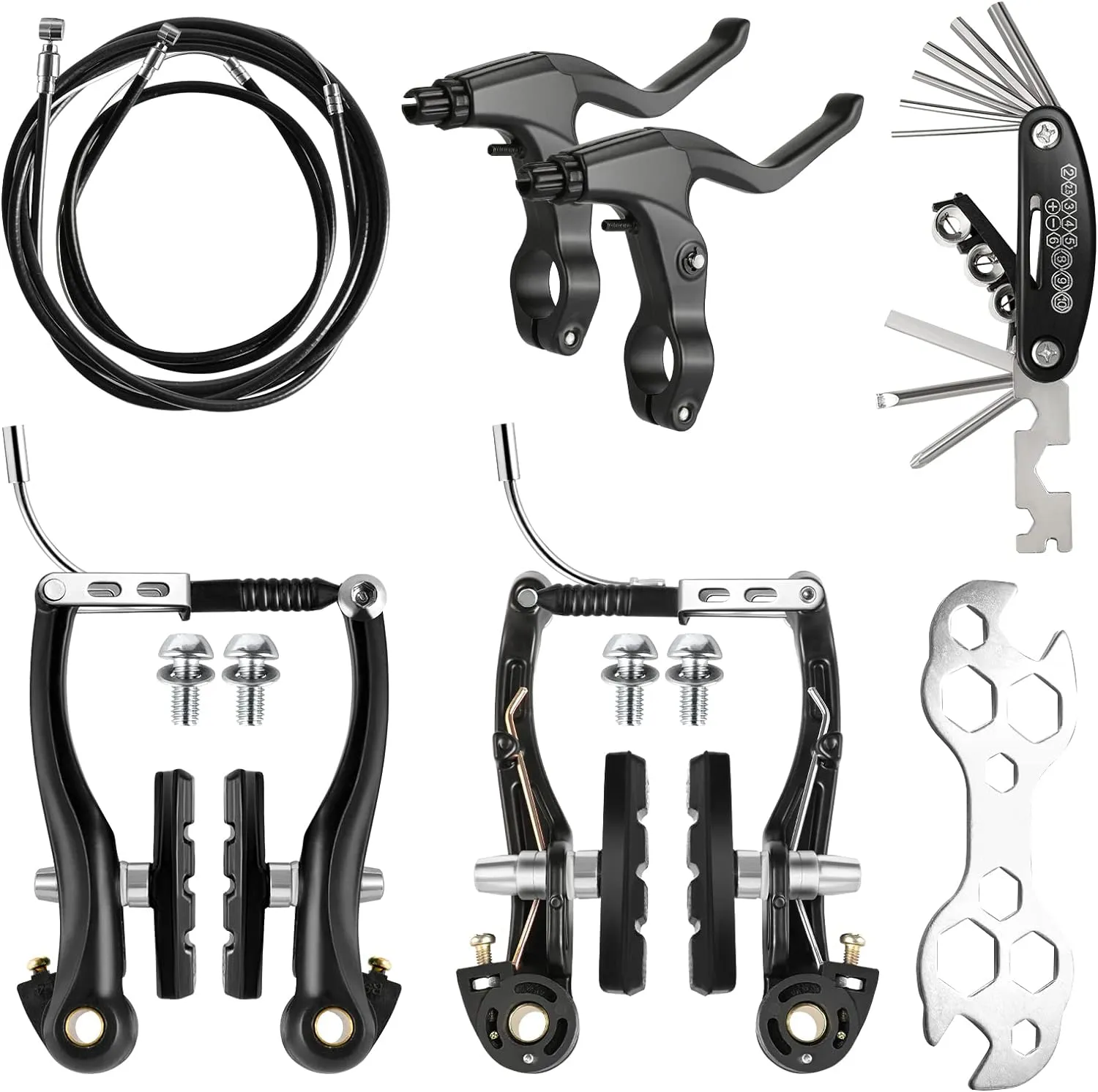 Complete Bike Brakes Set - Universal Front and Rear Brakes with Cables and Levers, Including Multi-Tool Wrenches (Black)
