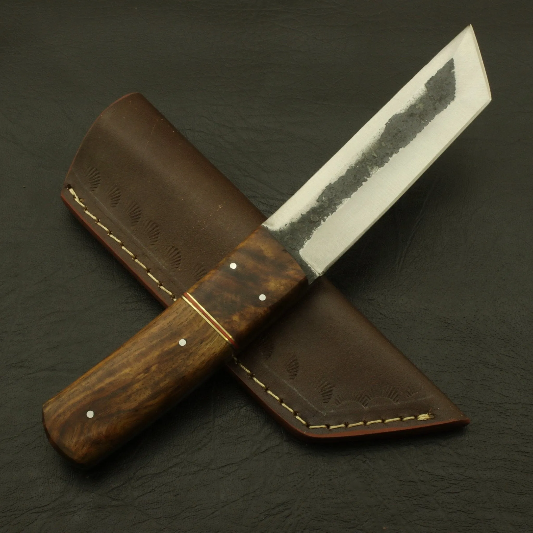 Custom Handmade 9''inch High Carbon steel Tanto Knife/Skinning Knife/PAKKA/Rose/Wood/Sheath