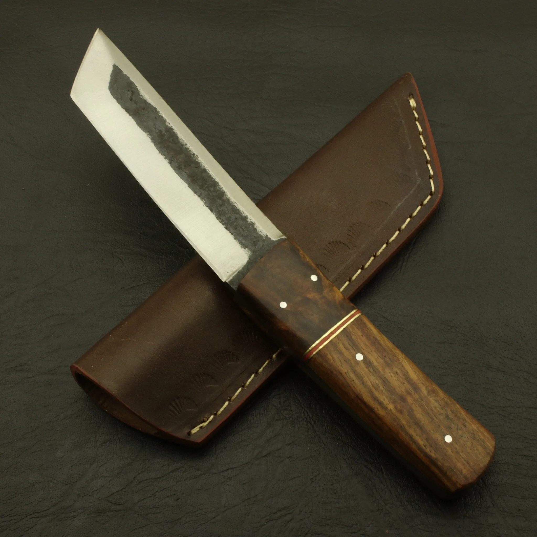 Custom Handmade 9''inch High Carbon steel Tanto Knife/Skinning Knife/PAKKA/Rose/Wood/Sheath
