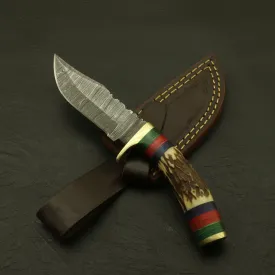 Custom Made Hand Forged Damascus Hunting/Skinning Knife-Stag/Antler Handle With leather sheath