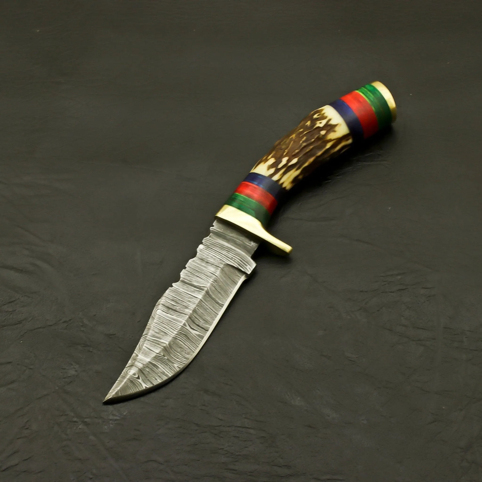 Custom Made Hand Forged Damascus Hunting/Skinning Knife-Stag/Antler Handle With leather sheath