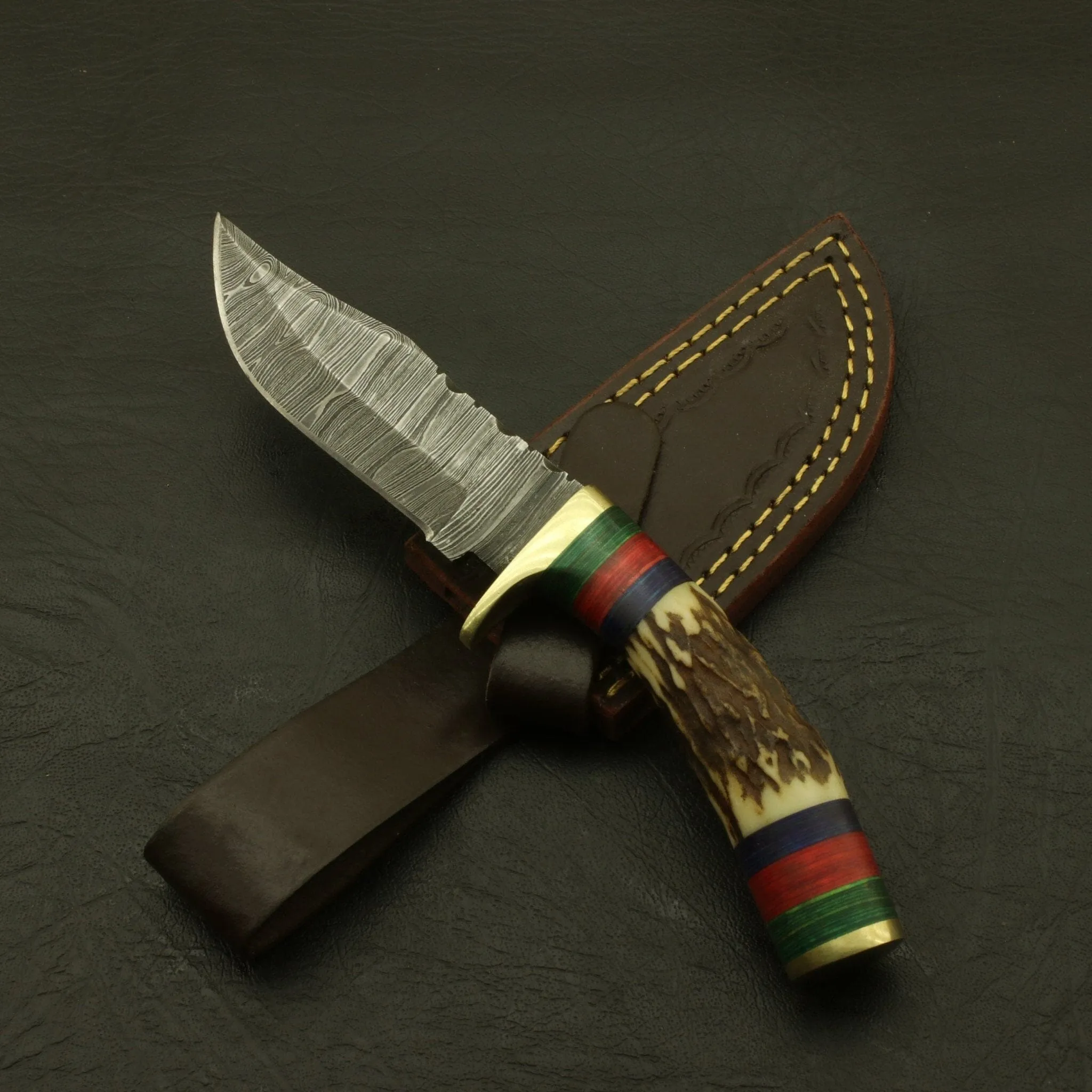 Custom Made Hand Forged Damascus Hunting/Skinning Knife-Stag/Antler Handle With leather sheath