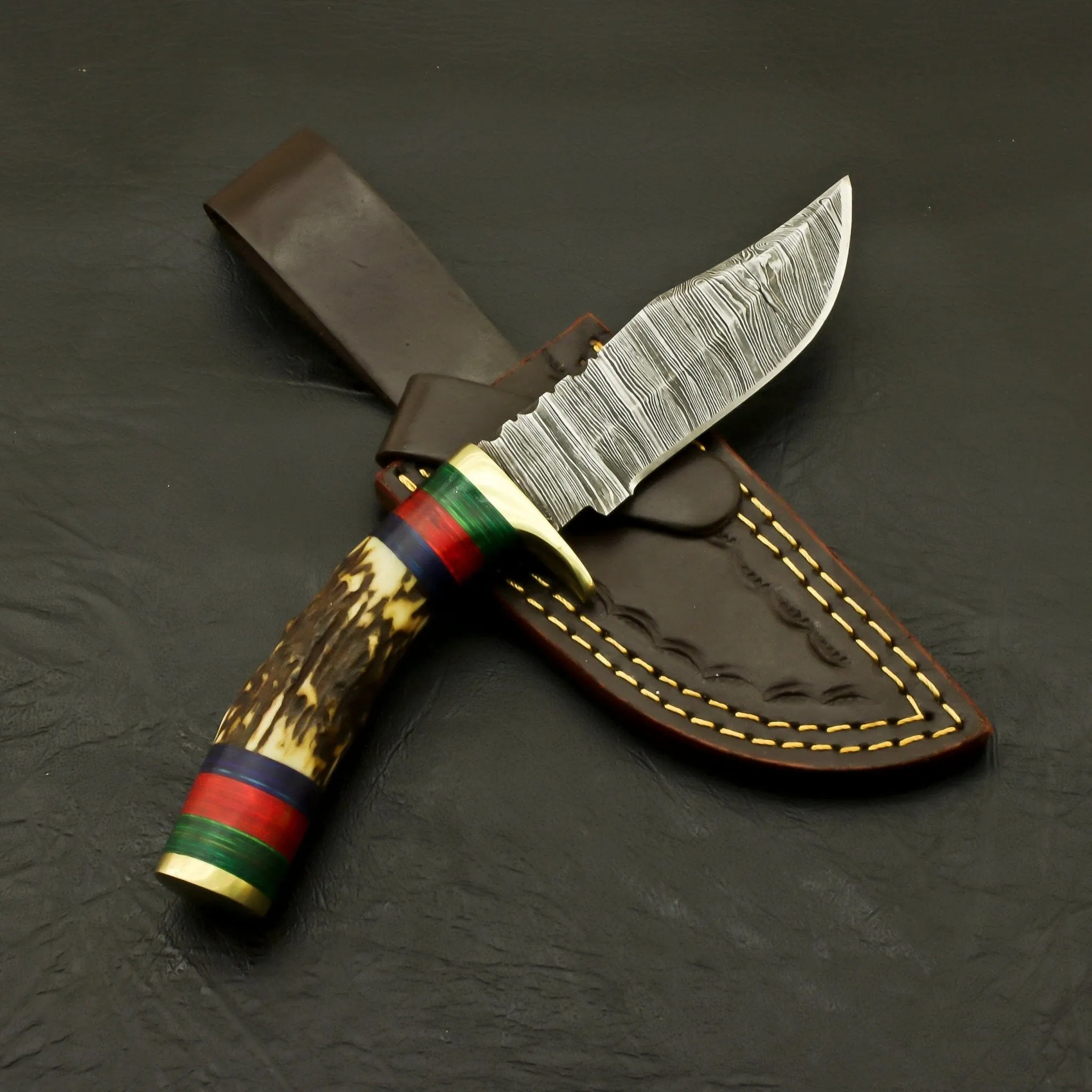 Custom Made Hand Forged Damascus Hunting/Skinning Knife-Stag/Antler Handle With leather sheath