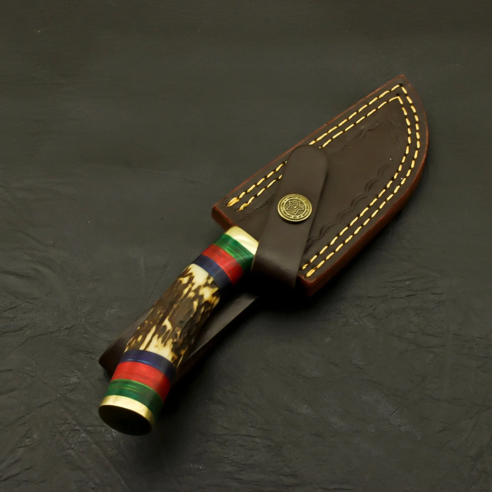 Custom Made Hand Forged Damascus Hunting/Skinning Knife-Stag/Antler Handle With leather sheath