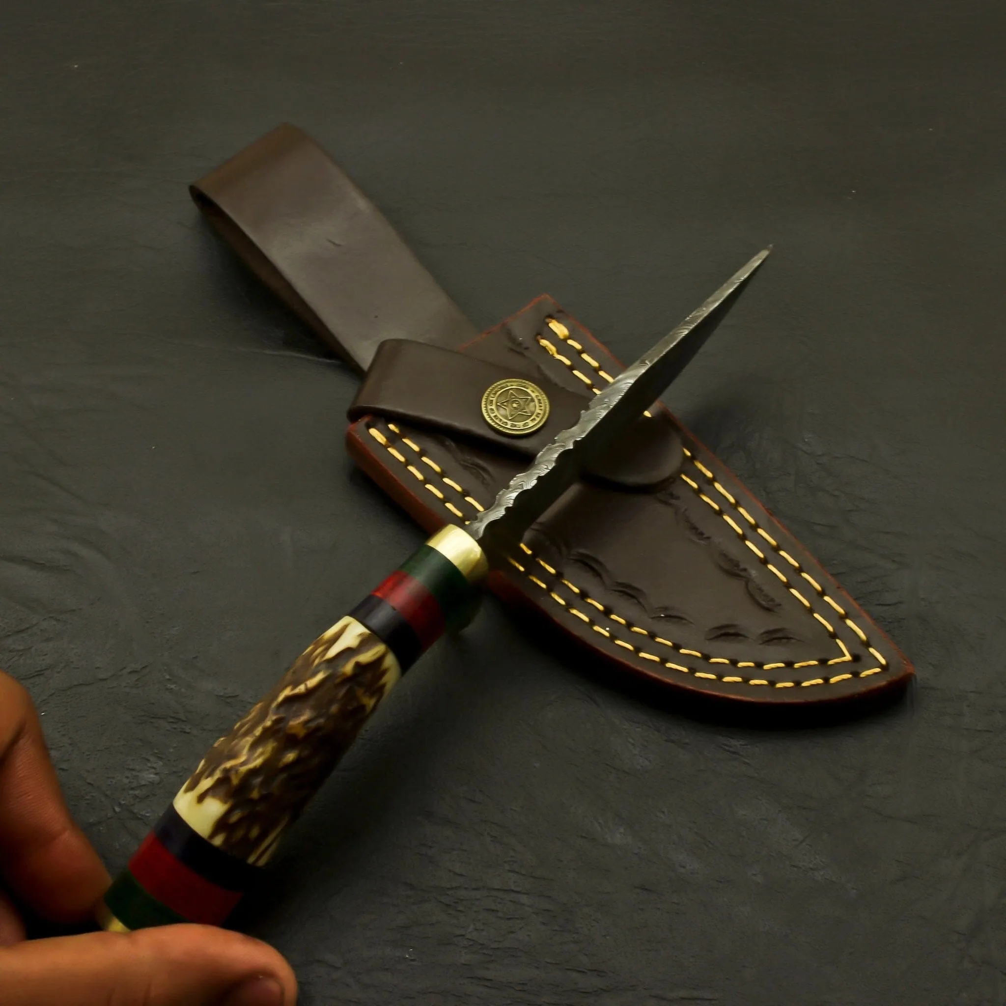 Custom Made Hand Forged Damascus Hunting/Skinning Knife-Stag/Antler Handle With leather sheath