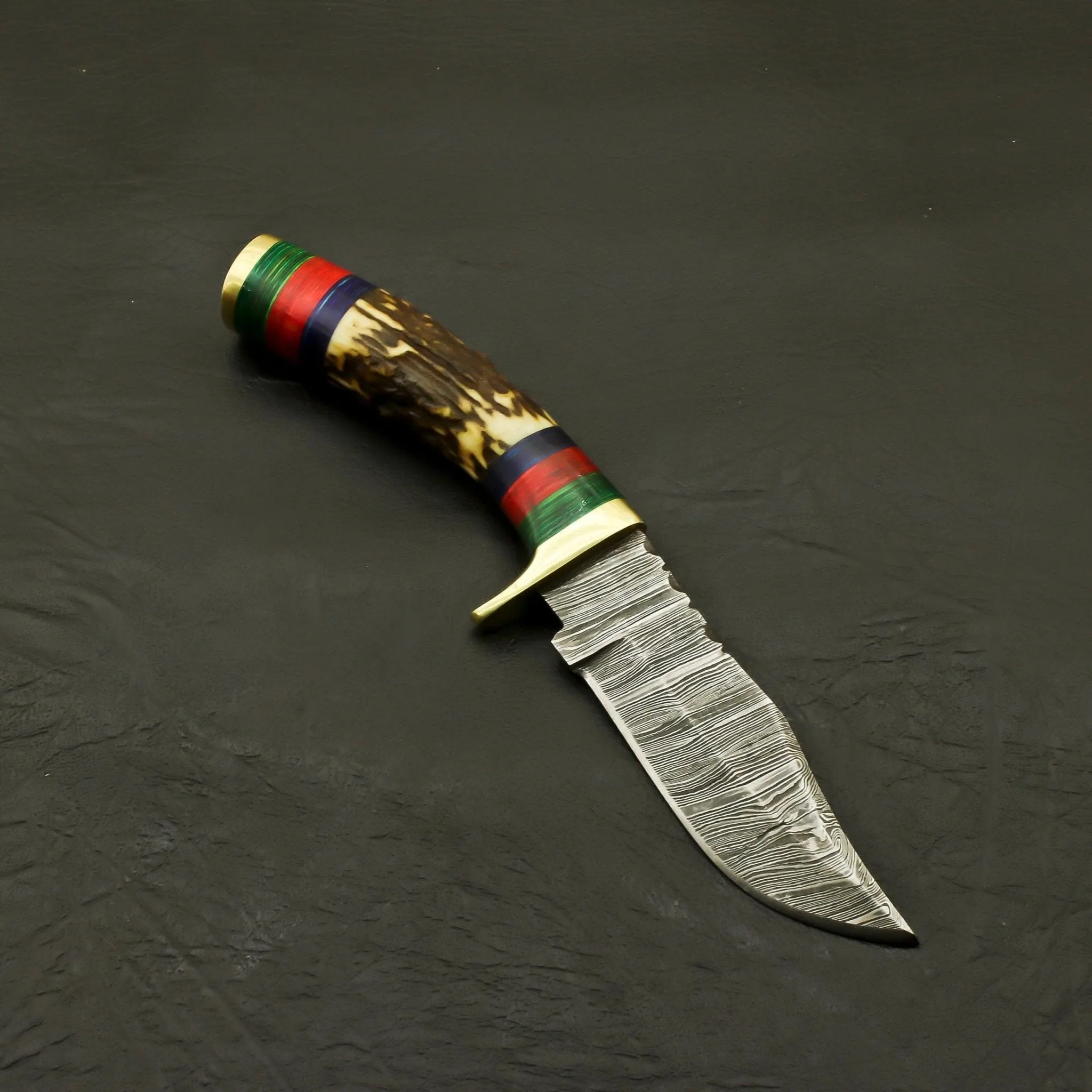 Custom Made Hand Forged Damascus Hunting/Skinning Knife-Stag/Antler Handle With leather sheath