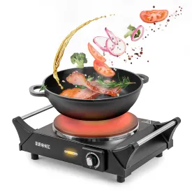 Duronic Hot Plate HP1 BK Table Top Cooking, 1500W Black Steel Electric Single Hob with Handles, Cast Iron Portable Hob Burner Rings for Home Kitchen, Pots, Camping - Black