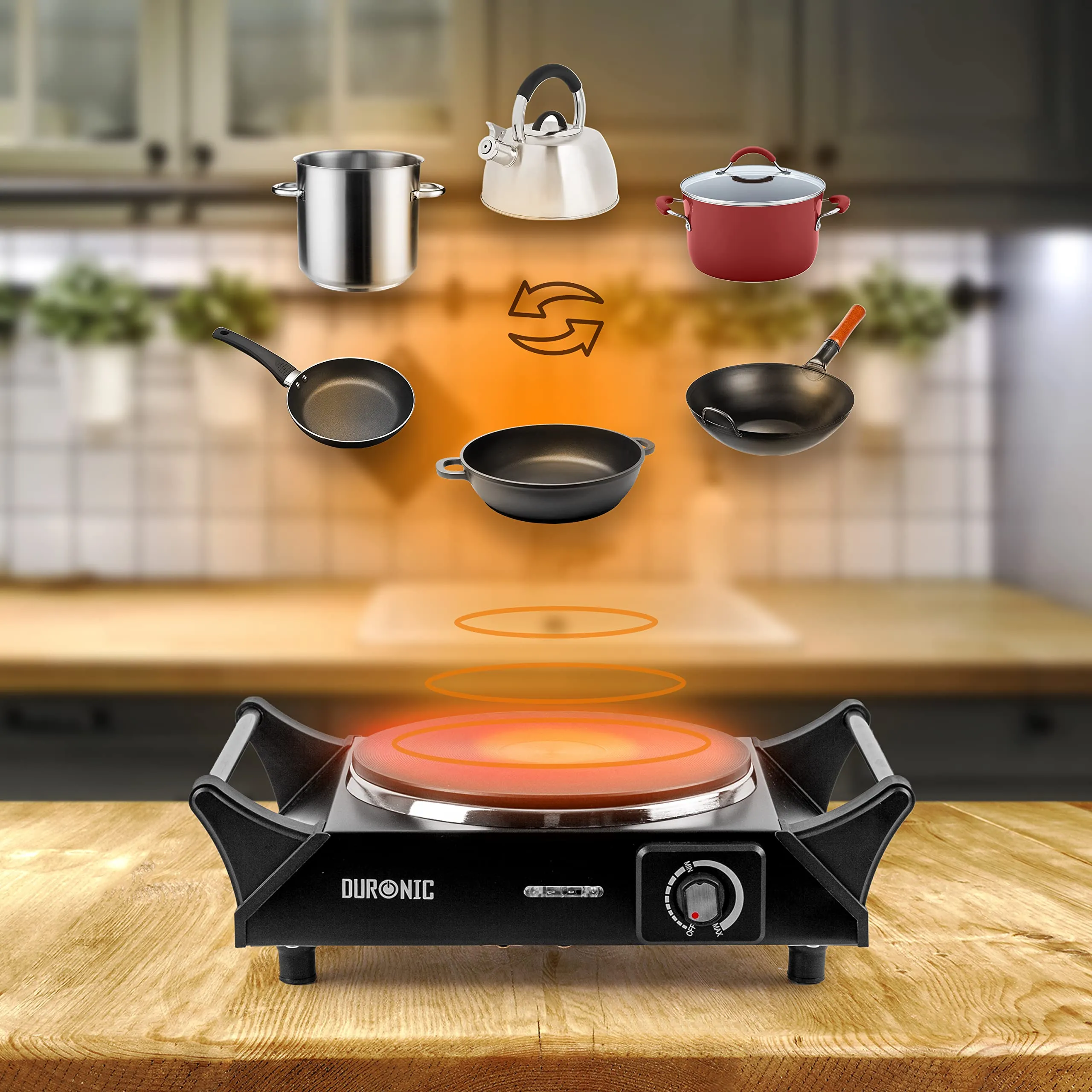 Duronic Hot Plate HP1 BK Table Top Cooking, 1500W Black Steel Electric Single Hob with Handles, Cast Iron Portable Hob Burner Rings for Home Kitchen, Pots, Camping - Black