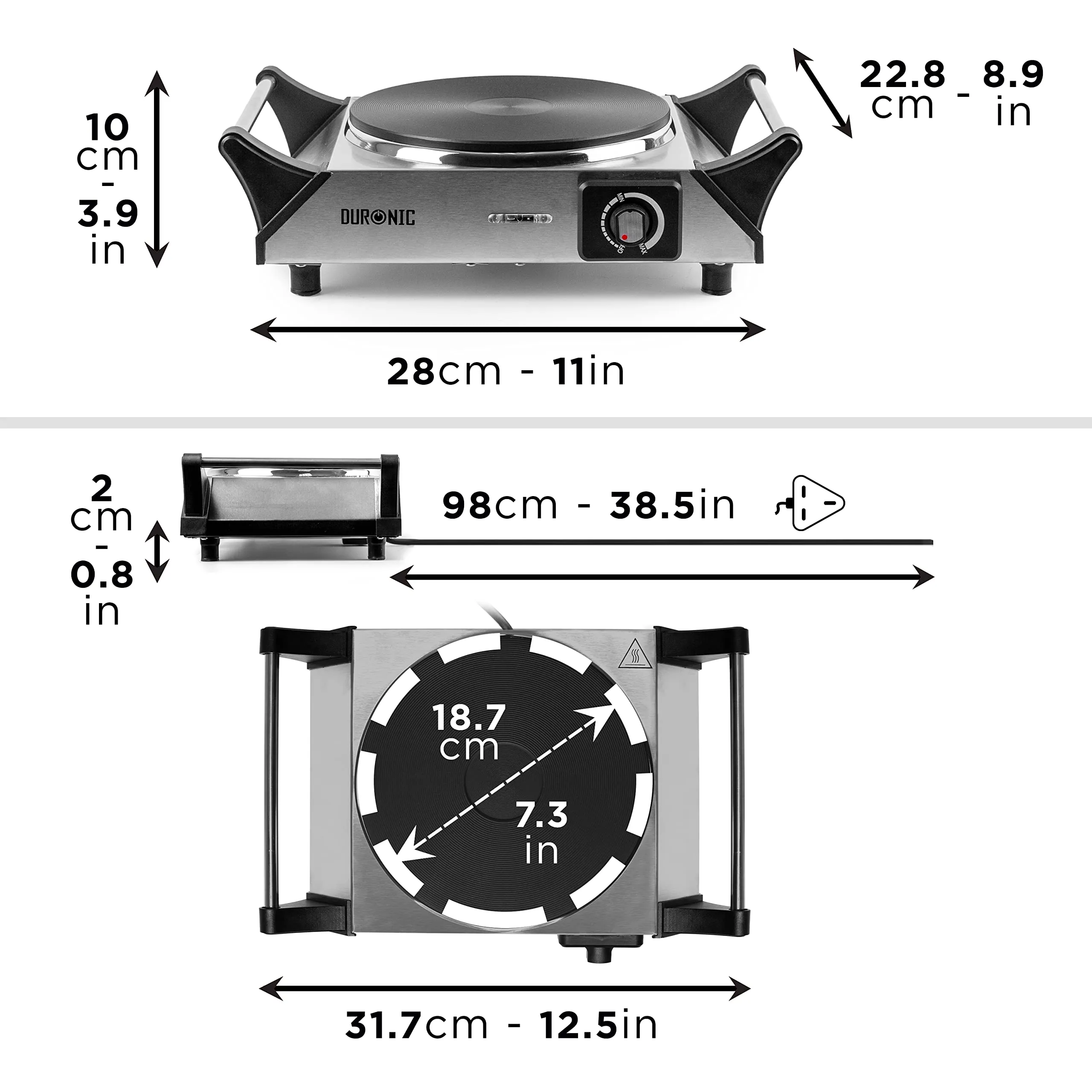 Duronic Hot Plate HP1 SS, Stainless Steel Table Top Cooking, 1500W Black Steel Electric Single Hob with Handles, Cast Iron Portable Hob Burner Rings for Home Kitchen, Pots, Camping - Silver