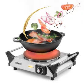 Duronic Hot Plate HP1 SS, Stainless Steel Table Top Cooking, 1500W Black Steel Electric Single Hob with Handles, Cast Iron Portable Hob Burner Rings for Home Kitchen, Pots, Camping - Silver