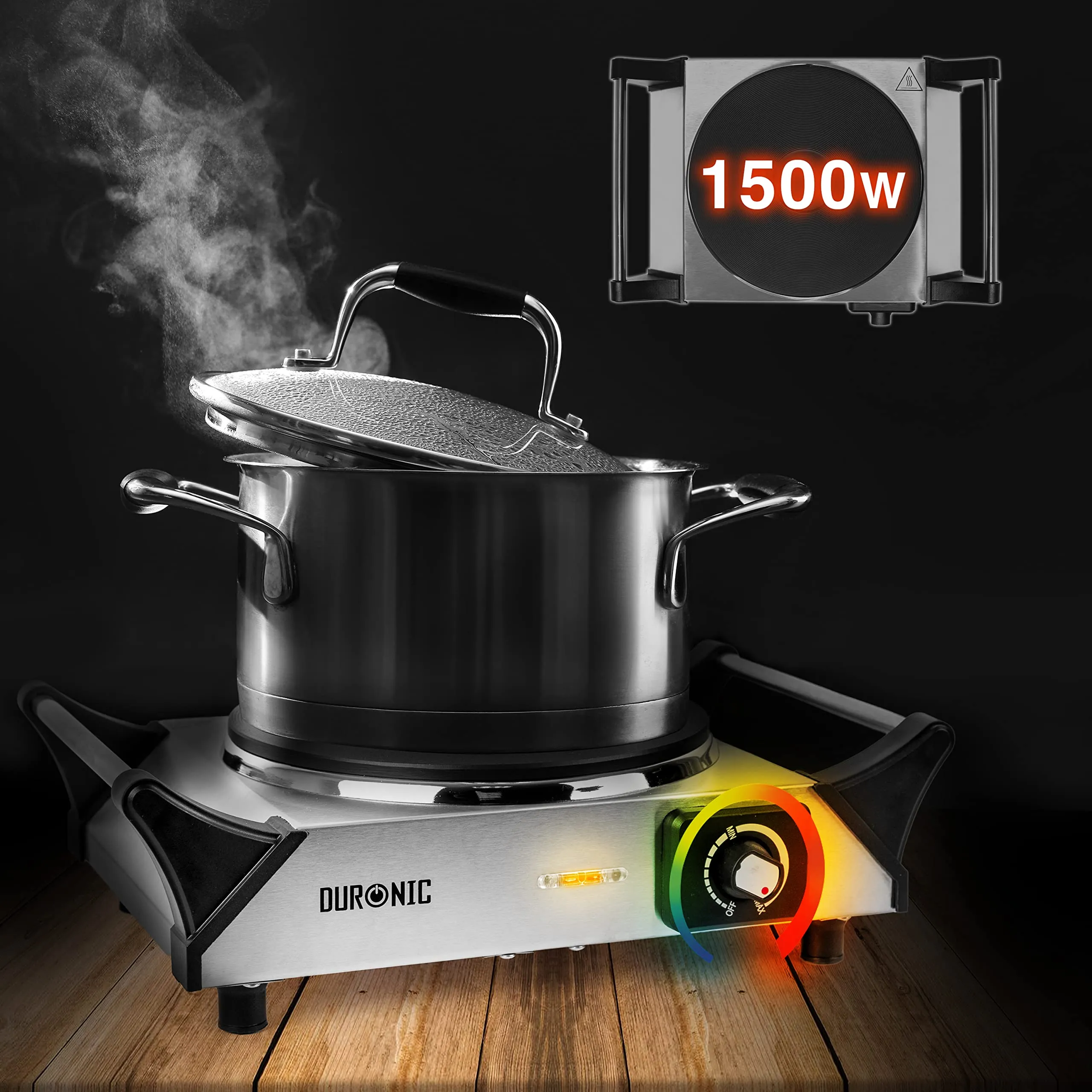 Duronic Hot Plate HP1 SS, Stainless Steel Table Top Cooking, 1500W Black Steel Electric Single Hob with Handles, Cast Iron Portable Hob Burner Rings for Home Kitchen, Pots, Camping - Silver