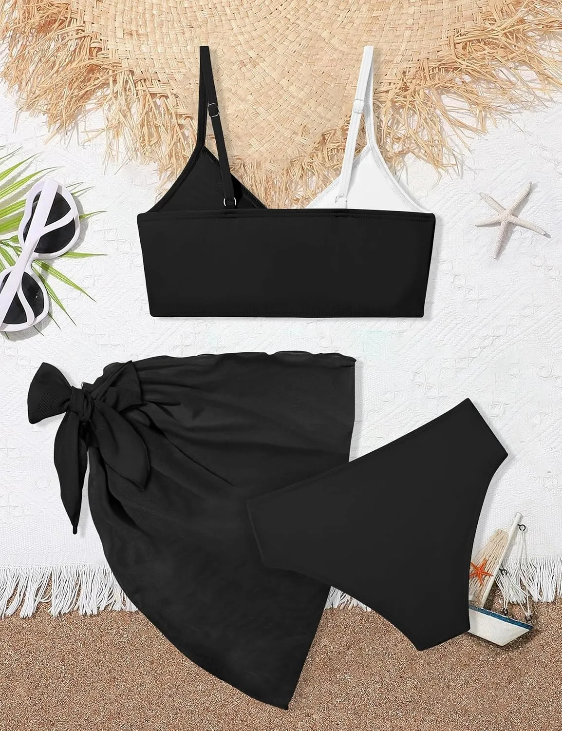 Girls Swimsuit V Neck Bikini Set Color Block with Cover Up 3Pcs Bathing Suits