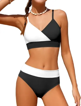 Girls Swimsuit V Neck Bikini Set Color Block with Cover Up 3Pcs Bathing Suits