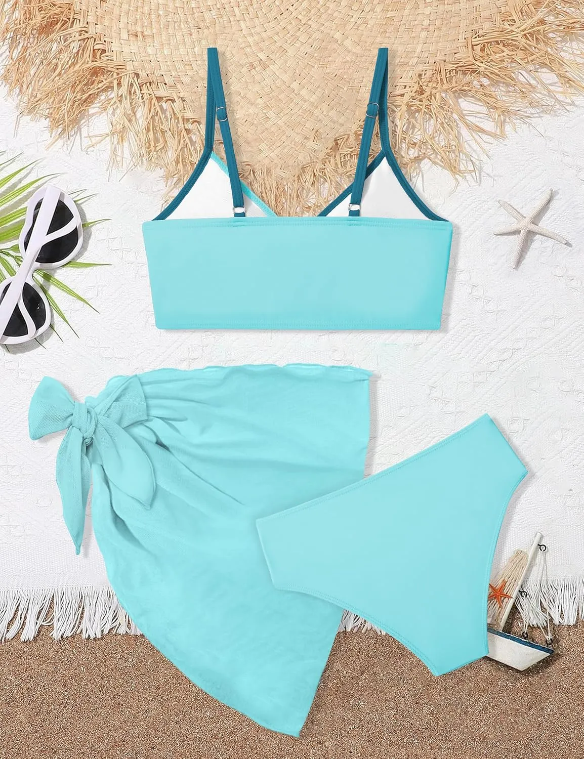 Girls Swimsuit V Neck Bikini Set Color Block with Cover Up 3Pcs Bathing Suits