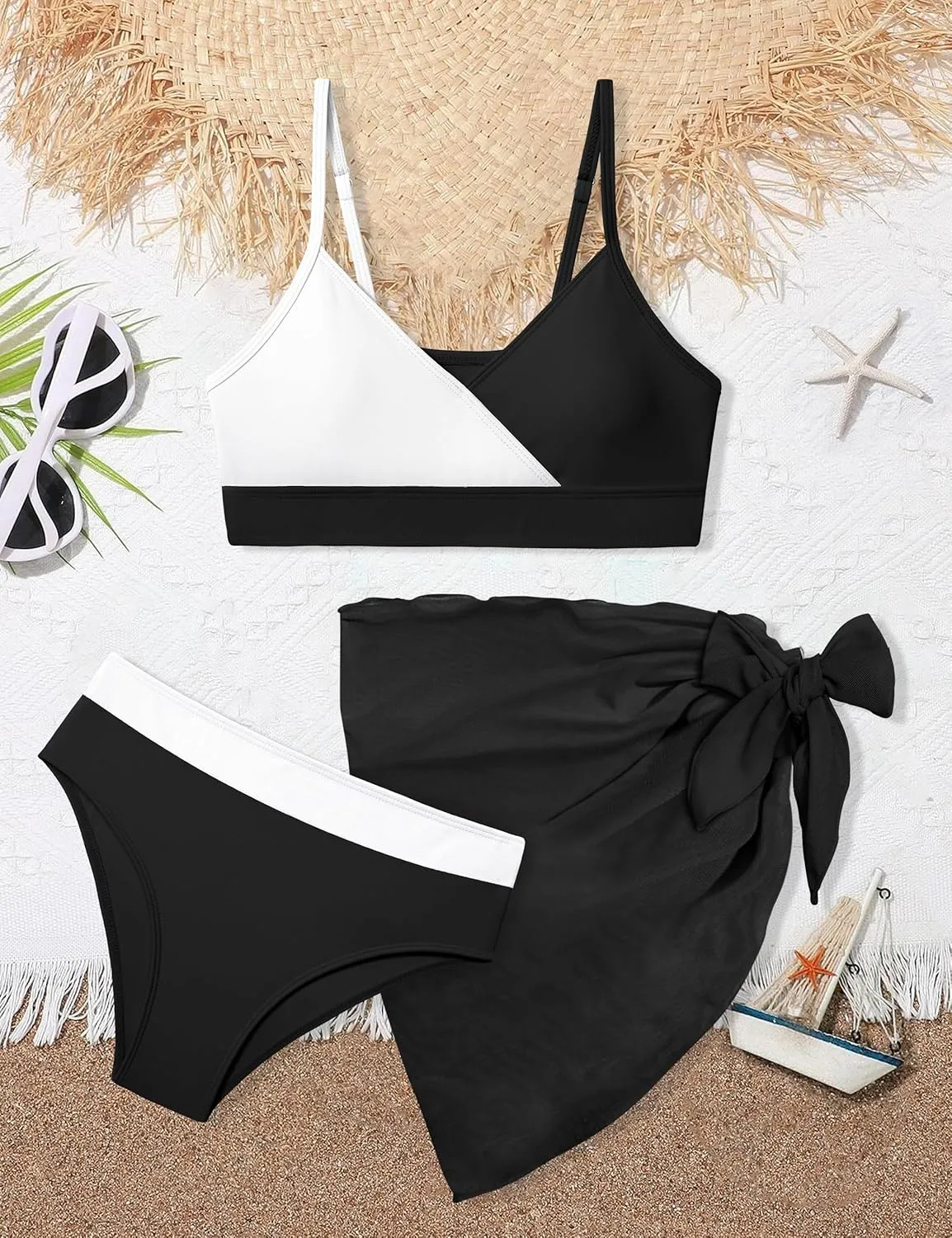 Girls Swimsuit V Neck Bikini Set Color Block with Cover Up 3Pcs Bathing Suits