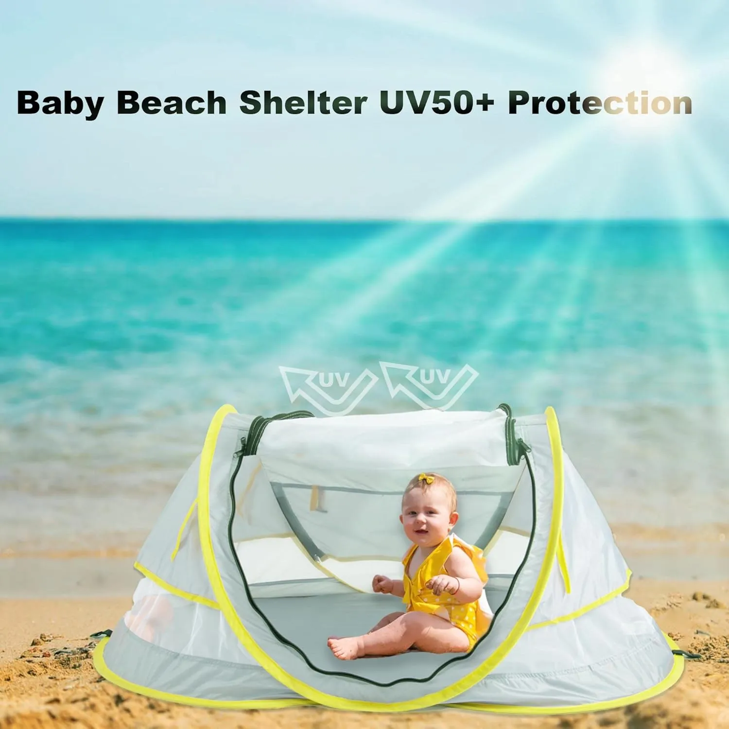 Green Pipe Baby Pop Up Tent - UPF 50  Sun Shade with Mosquito Net, Beach Umbrella for Girls & Boys