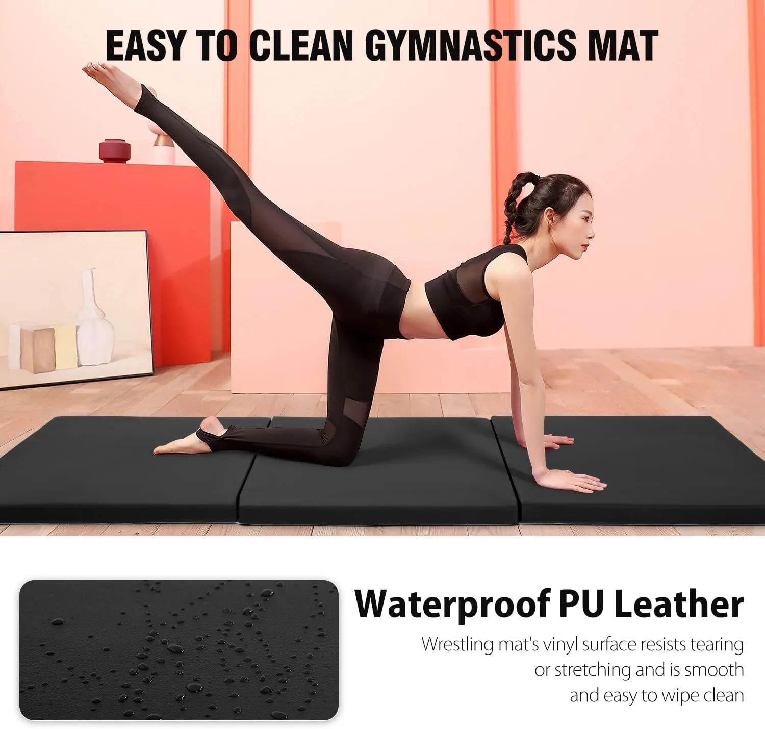 Gymnastics Tumbling Mats Gymnastics Mat Portable Foldable Tumbling Mat Thick PU Leather Exercise Mat Yoga Mat with Carrying Handles for home Workout outdoor Yoga Gymnastics