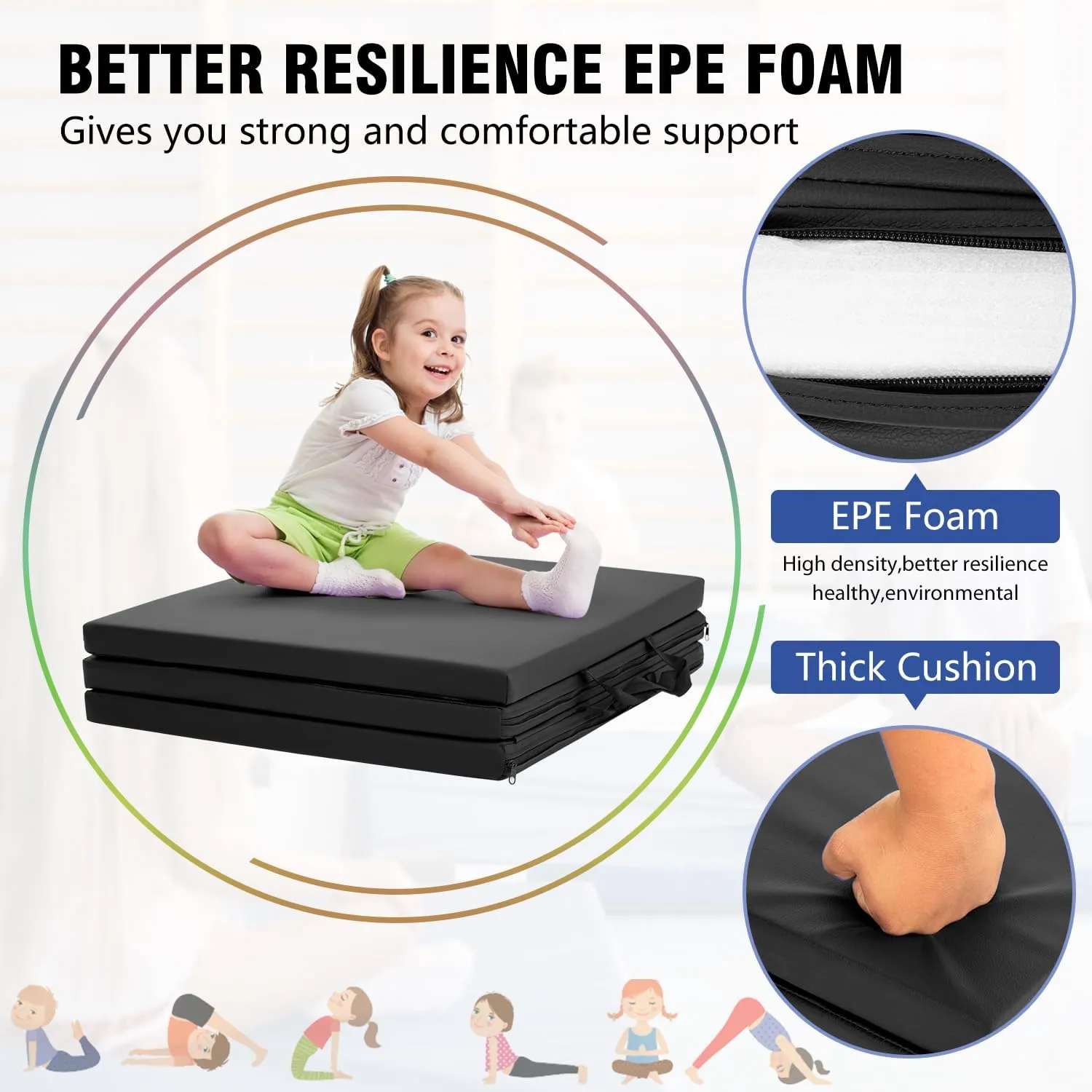 Gymnastics Tumbling Mats Gymnastics Mat Portable Foldable Tumbling Mat Thick PU Leather Exercise Mat Yoga Mat with Carrying Handles for home Workout outdoor Yoga Gymnastics