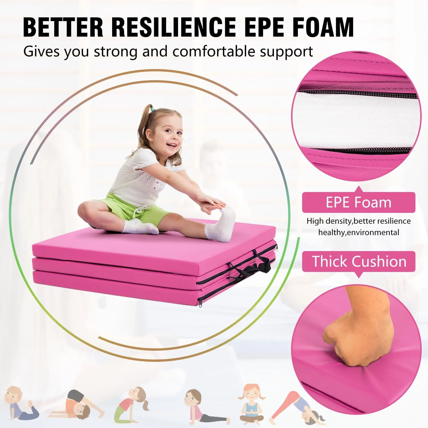Gymnastics Tumbling Mats Gymnastics Mat Portable Foldable Tumbling Mat Thick PU Leather Exercise Mat Yoga Mat with Carrying Handles for home Workout outdoor Yoga Gymnastics