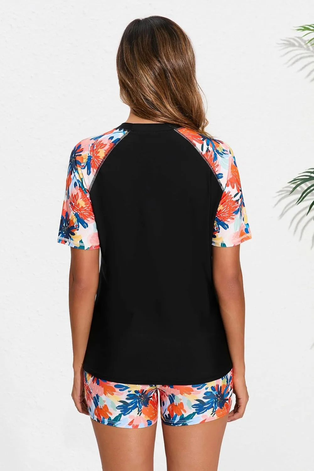 Halcurt Women Short Sleeve Two Piece Rash Guard Set UPF 50 Swim Shirt with Board Shorts