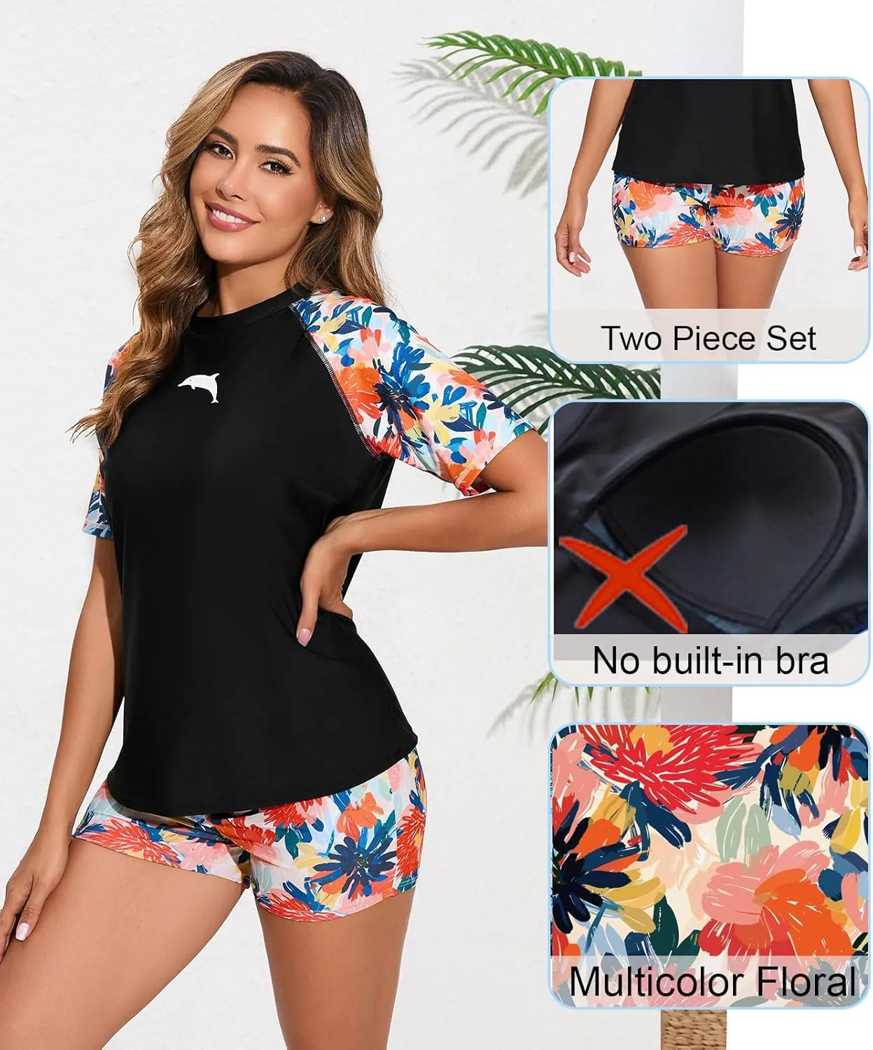 Halcurt Women Short Sleeve Two Piece Rash Guard Set UPF 50 Swim Shirt with Board Shorts