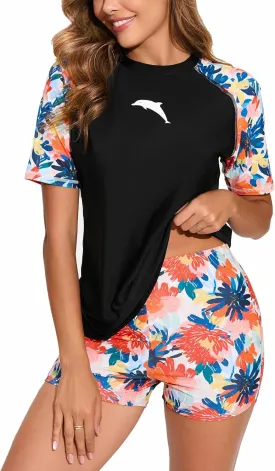 Halcurt Women Short Sleeve Two Piece Rash Guard Set UPF 50 Swim Shirt with Board Shorts