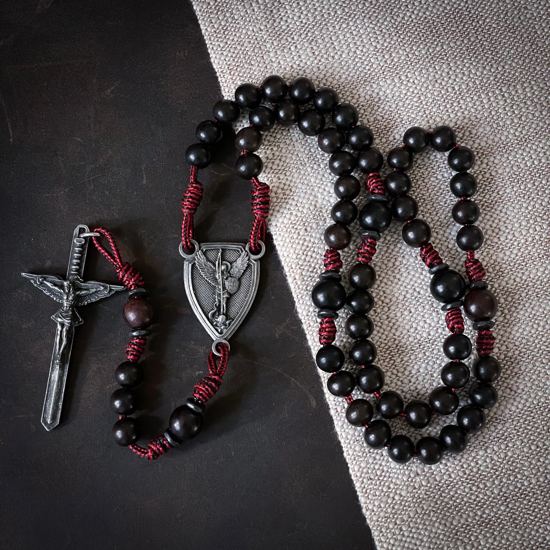 Handmade Wooden Rosary - St. Michael Defender Red - Sword Design