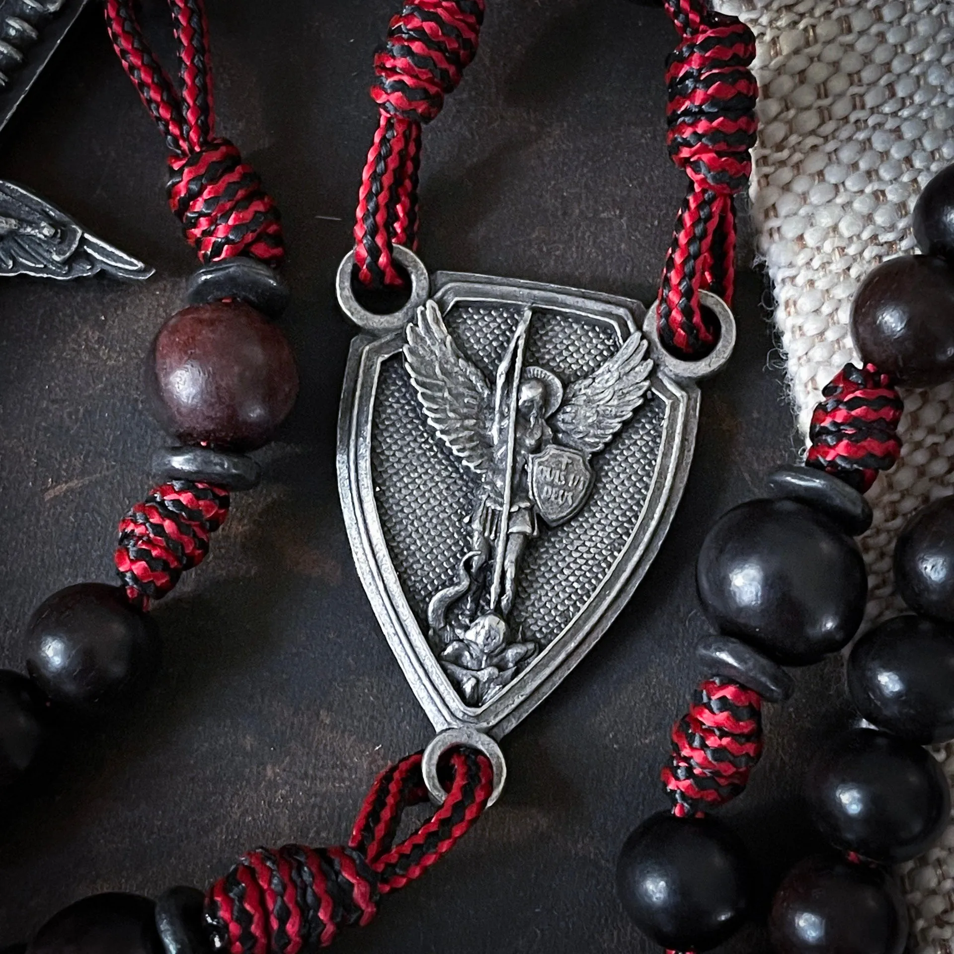 Handmade Wooden Rosary - St. Michael Defender Red - Sword Design
