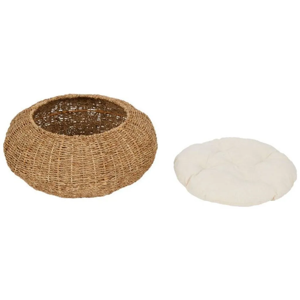 Natural Cat Bed - Wicker Seagrass Basket - Small Dog Bed Basket & Cushion