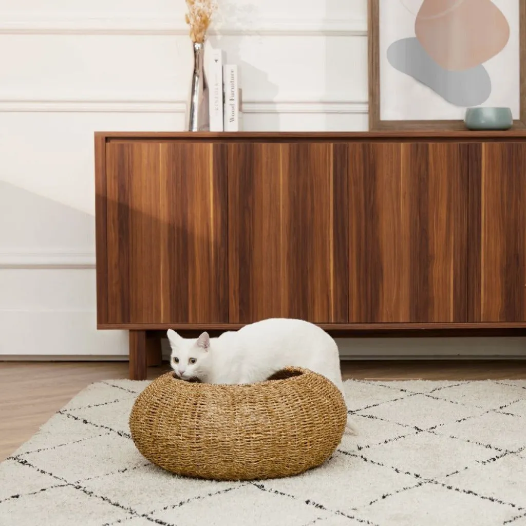 Natural Cat Bed - Wicker Seagrass Basket - Small Dog Bed Basket & Cushion