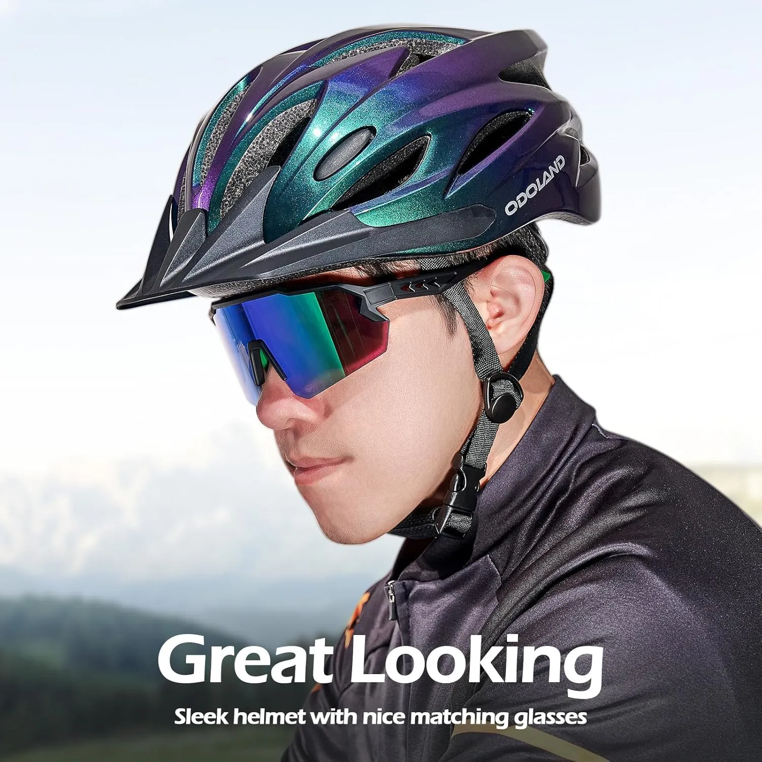 Odoland Bike Helmet Cycling Sunglasses Set for Adult, Adjustable Lightweight Cycling Bicycle Helmet for Mountain Road Bike Men Women