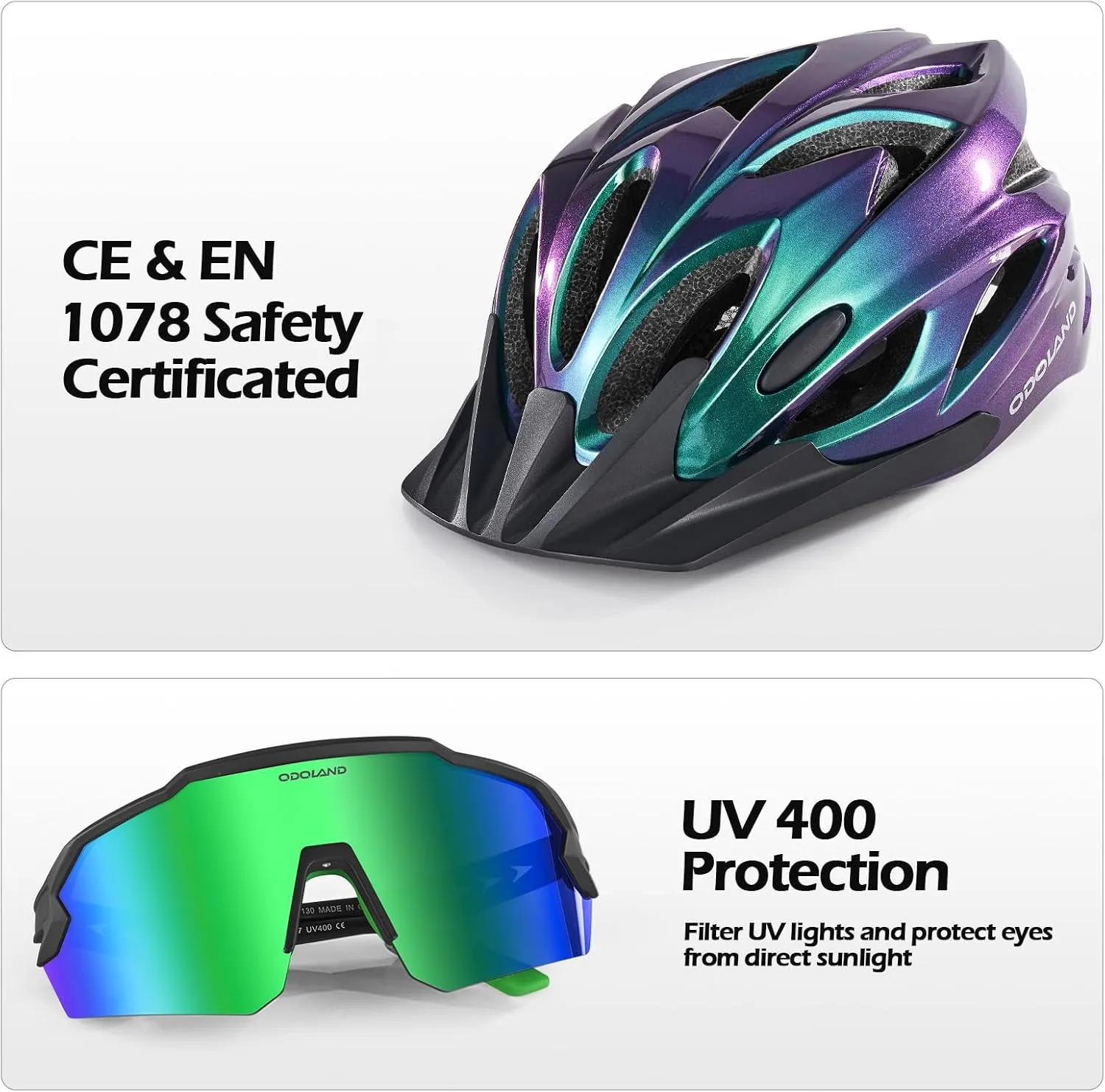 Odoland Bike Helmet Cycling Sunglasses Set for Adult, Adjustable Lightweight Cycling Bicycle Helmet for Mountain Road Bike Men Women