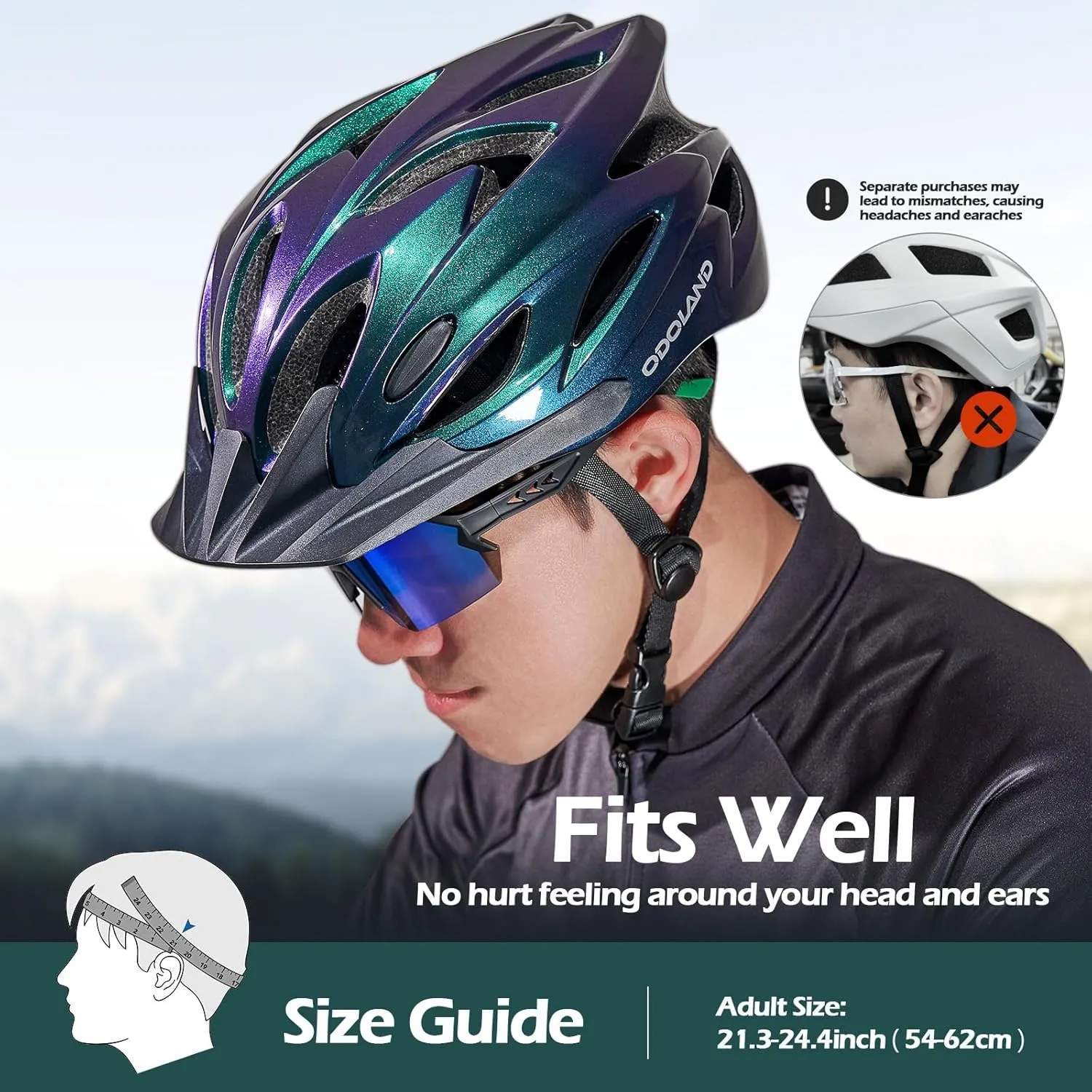 Odoland Bike Helmet Cycling Sunglasses Set for Adult, Adjustable Lightweight Cycling Bicycle Helmet for Mountain Road Bike Men Women