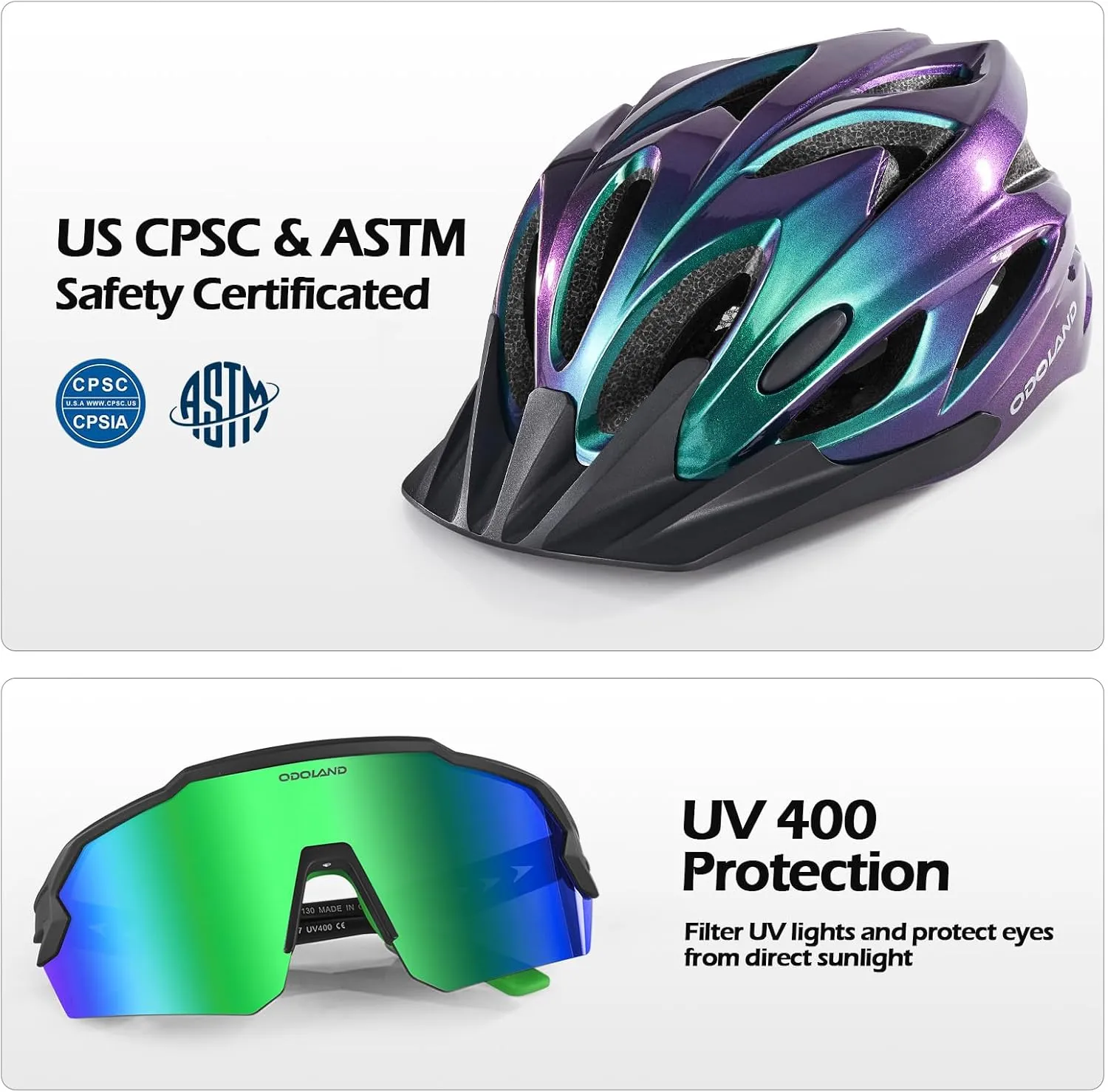 Odoland Bike Helmet Cycling Sunglasses Set for Adult, Adjustable Lightweight Cycling Bicycle Helmet for Mountain Road Bike Men Women
