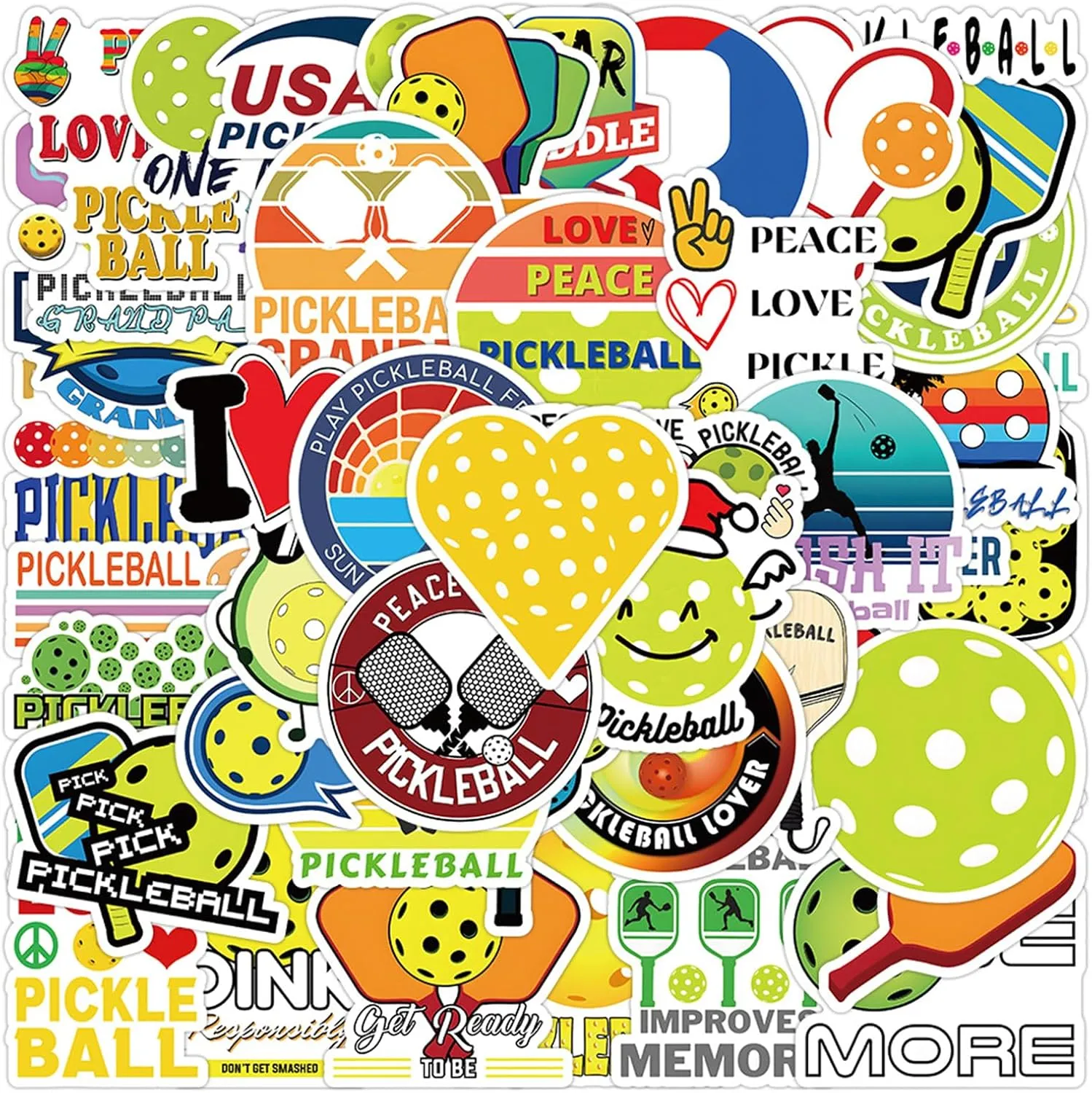 Pickleball Stickers - 50PCS Vinyl Waterproof Ball Game Stickers for Sports Lovers