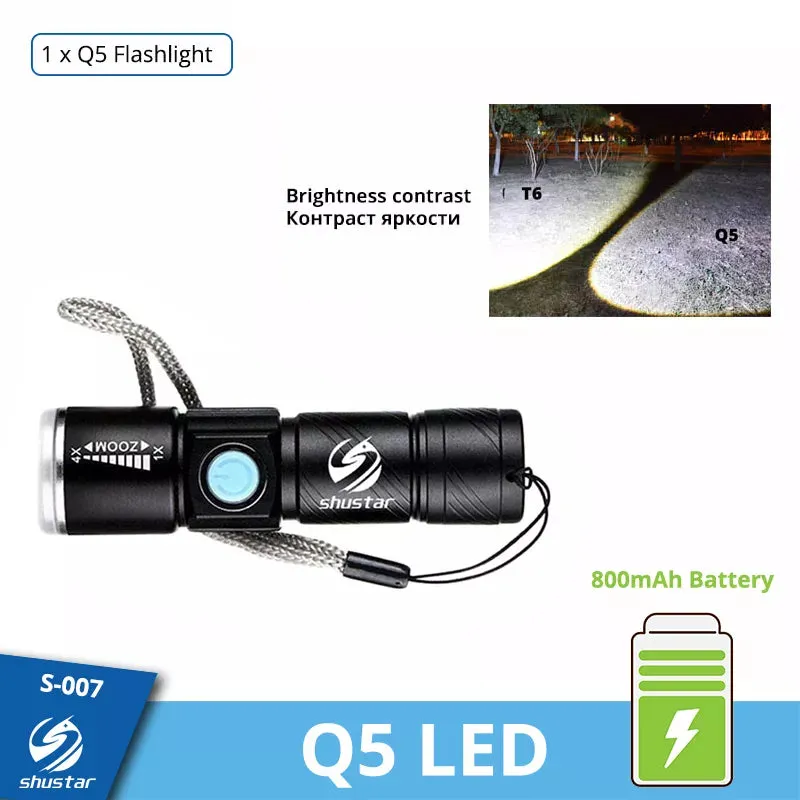 Powerful LED Flashlight With Tail USB Charging Head Zoomable waterproof Torch Portable light 3 Lighting modes Built-in battery