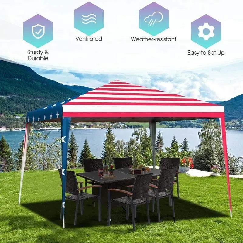 PulseMartix  10’ x 10’ Pop-up Canopy Tent Easy Up Canopy with Mesh Sidewalls & Carrying Bag, American Flag Outdoor Canopy for Backyard Lawn